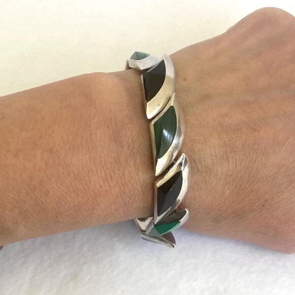VTG 950 Silver Heavy Taxco Mexico Modernist Style Malachite Onyx Link Bracelet - Picture 3 of 16